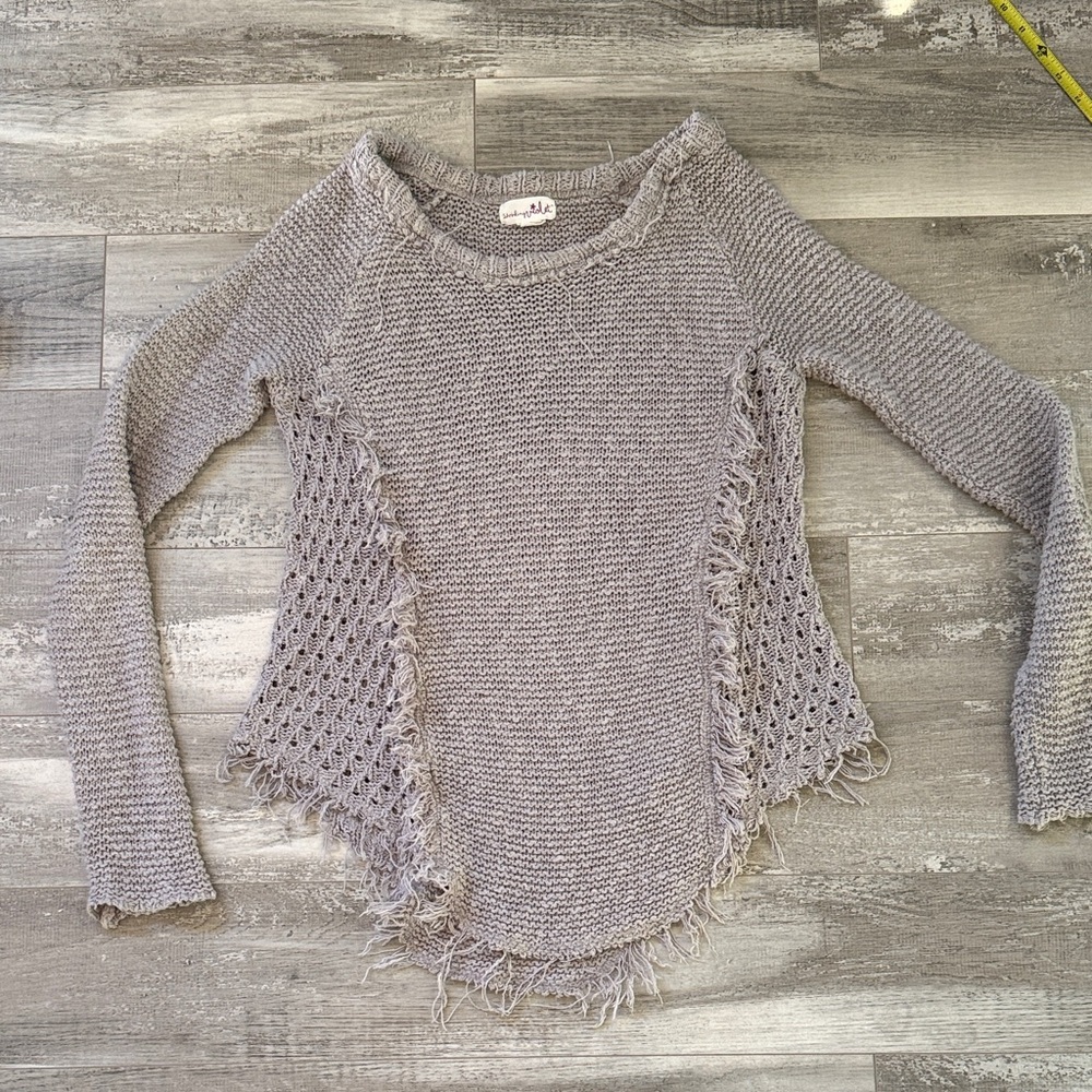 Fringed Open-Knit Side Panel Lightweight Sweater